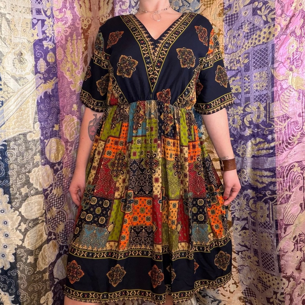 NWT Patchwork Print Boho Peasant Folk Knee Length Lagen Look Dress Size XL